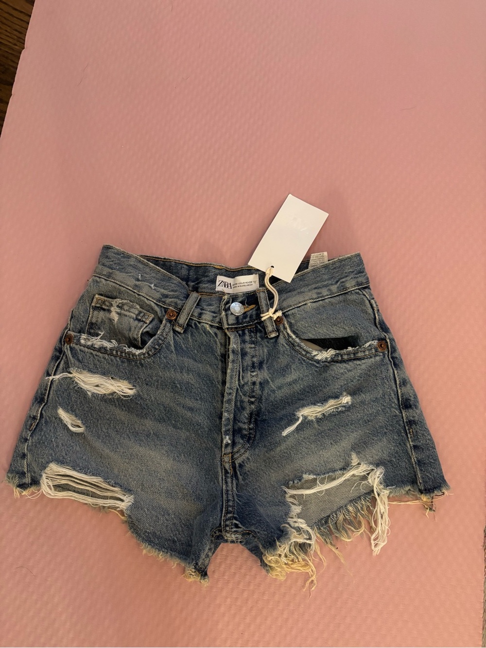 Zara Distressed Light Blue High-Rise Denim Shorts